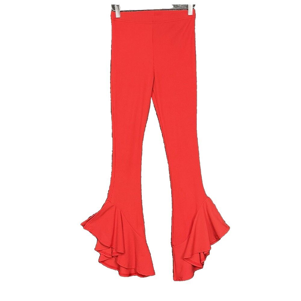 Top Shop Pants Womens 6 Red Pull On Ribbed Knit‎ Flare Mermaid Tiered Ruffle